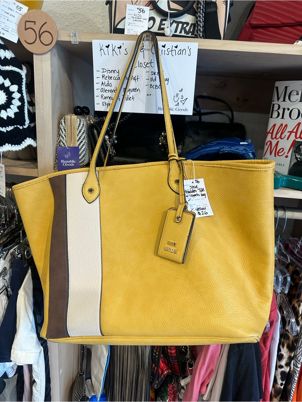 Steve Madden Yellow Leather Stripe Tote with Brown and Cream Panels